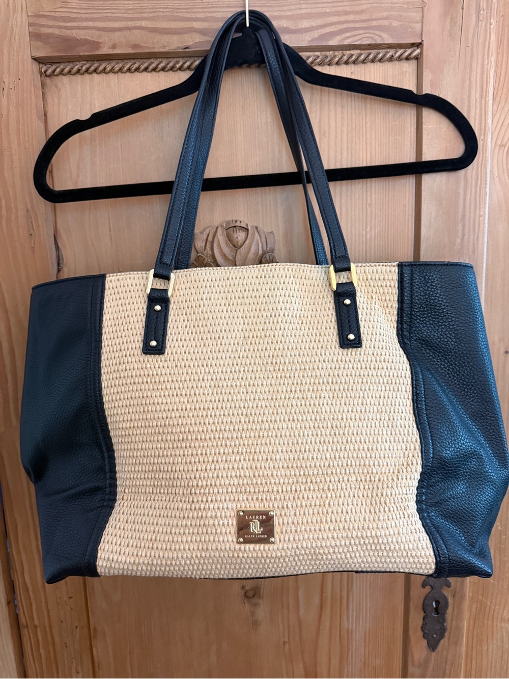 Lauren Ralph Lauren Cream Raffia Tote with Black Trim